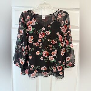 Cabi Size Small Garden Blouse #3595 Black Floral Top Sheer Sleeves Chiffon